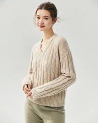 Cashmere Silk Relaxed V-Neck Cable Knit Sweater