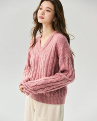 Cashmere Silk Relaxed V-Neck Cable Knit Sweater