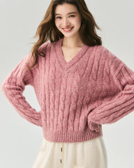 Cashmere Silk Relaxed V-Neck Cable Knit Sweater