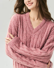 Cashmere Silk Relaxed V-Neck Cable Knit Sweater
