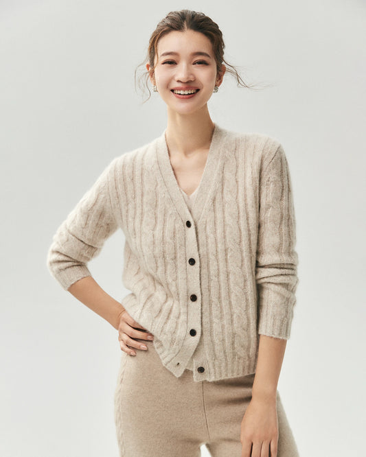 Cashmere Silk V-Neck Cable Knit Marled Cardigan