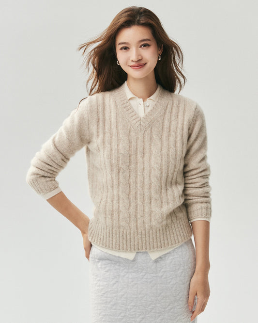 Cashmere Silk V-Neck Cable Knit Marled Sweater