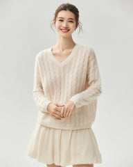 Cashmere Silk V-Neck Cable Knit Sweater