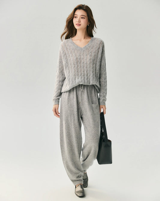 Cashmere Silk V-Neck Cable Knit Sweater