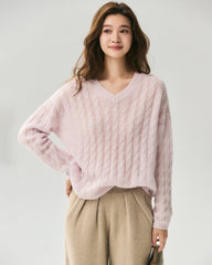 Cashmere Silk V-Neck Cable Knit Sweater