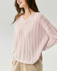 Cashmere Silk V-Neck Cable Knit Sweater