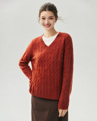 Cashmere Silk V-Neck Cable Knit Sweater