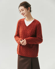 Cashmere Silk V-Neck Cable Knit Sweater
