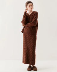 Cashmere Wool Cable Knit Sweater and Skirt Set