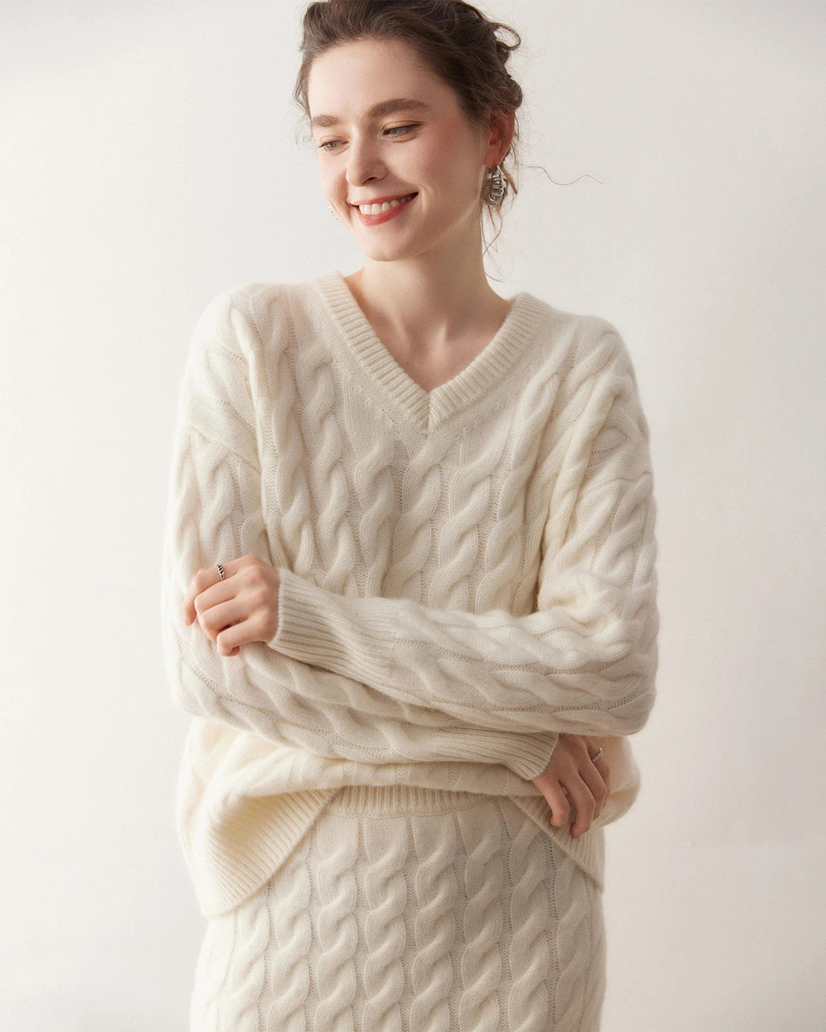 Cashmere Wool Cable Knit Sweater and Skirt Set