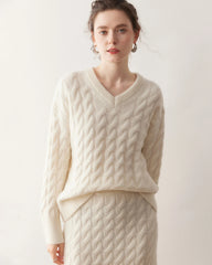 Cashmere Wool Cable Knit Sweater and Skirt Set