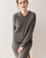 Cashmere Wool Cable Knit Sweater and Skirt Set