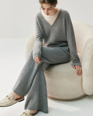 Cashmere Wool Flared Knit Pants with Pockets