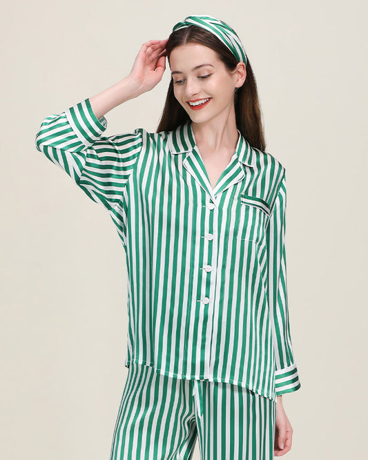 Classic Striped Silk Pajamas Green Stripe