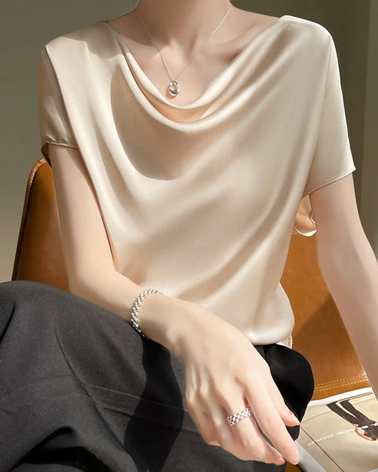 Cowl Neck Cap Sleeve Silk Blouse