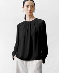 Crew Neck Pleated Silk Blouse