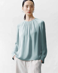 Crew Neck Pleated Silk Blouse