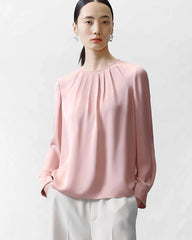 Crew Neck Pleated Silk Blouse