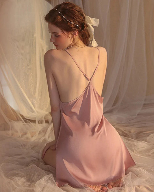 Cross Back Silk Slip Nightgown Rose Pink