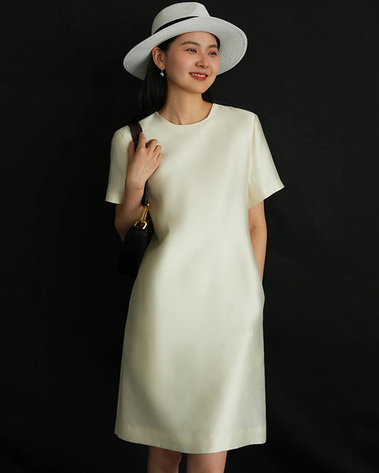 Silk and Wool Short Sleeve Midi Dress