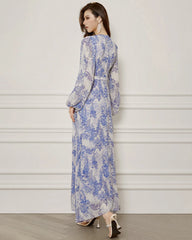 Blue and White Floral Silk Maxi Dress
