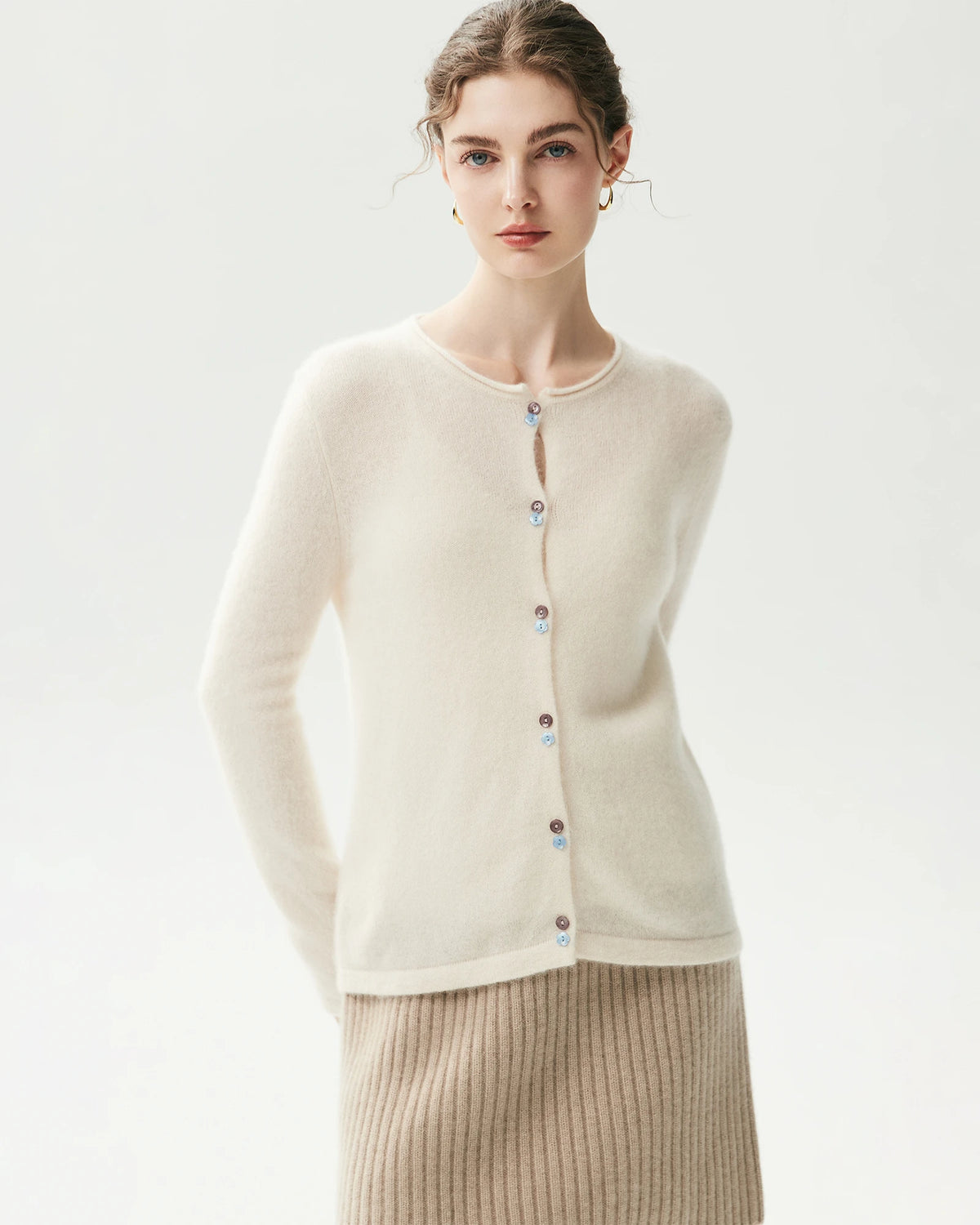 Cashmere Silk Crew Neck Double Button Cardigan