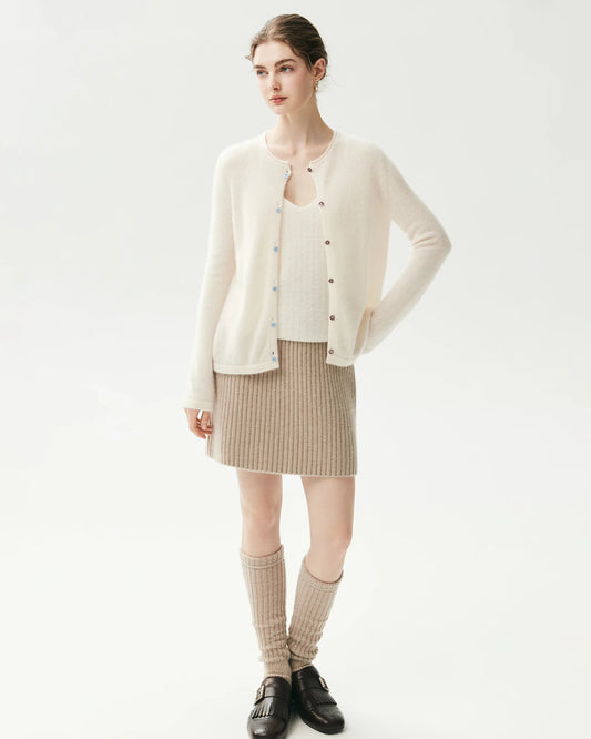Cashmere Silk Crew Neck Double Button Cardigan