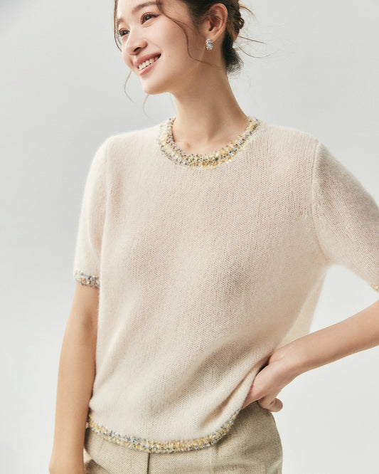 Cashmere Silk Tweed Trim Knit Top and Cardigan