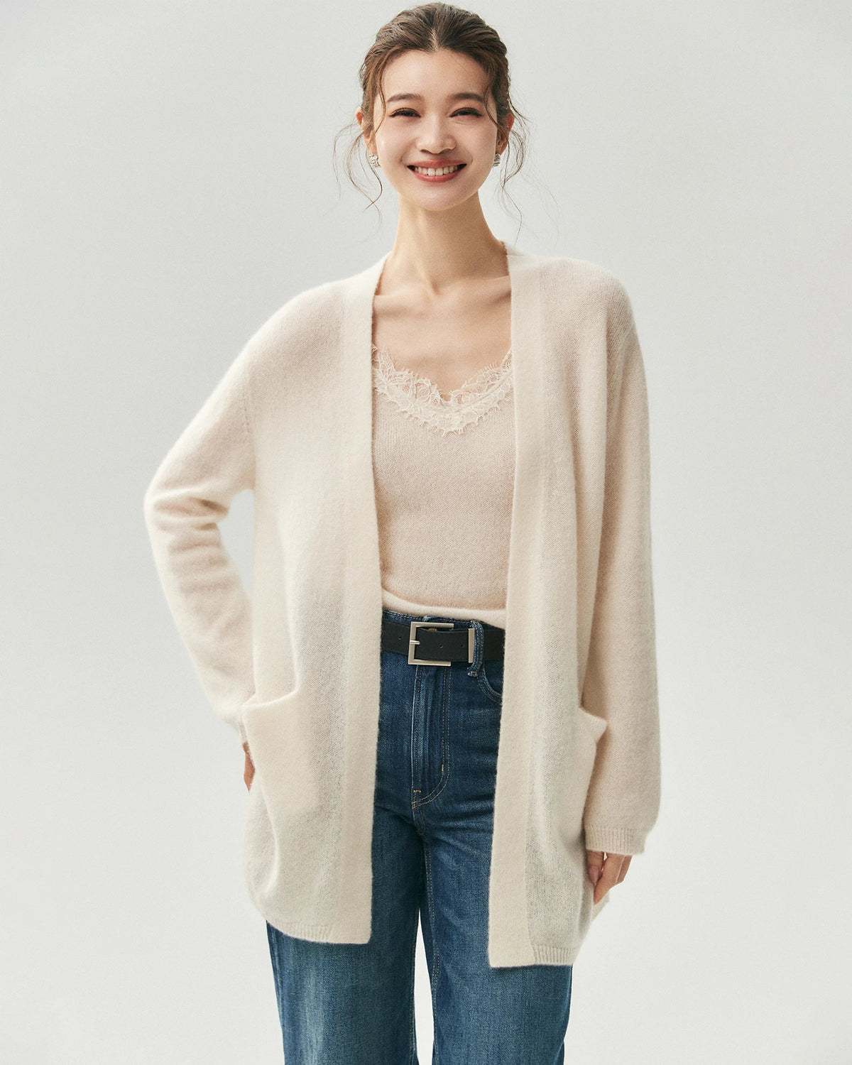 Cashmere Silk Open-Front Pocket Cardigan