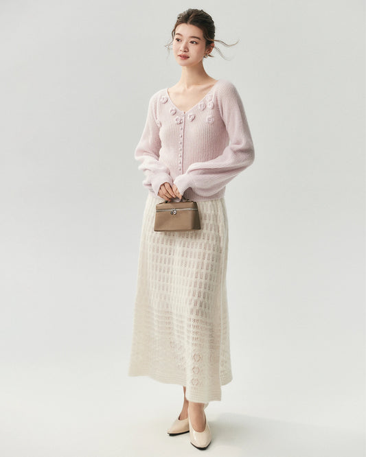 Cashmere Silk Ribbed V-Neck Floral Cardigan
