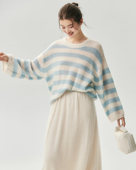 Cashmere Silk Striped Crewneck Sweater