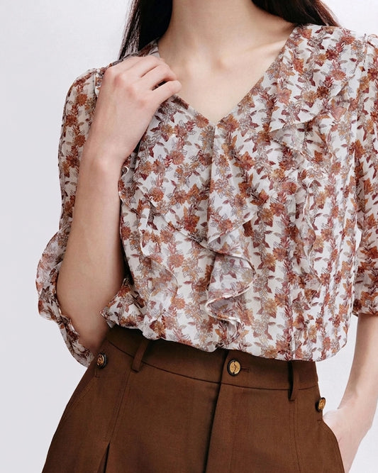 Daisy Floral Ruffle Silk Blouse