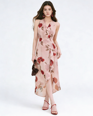 Rose Print Sleeveless Silk Midi Dress