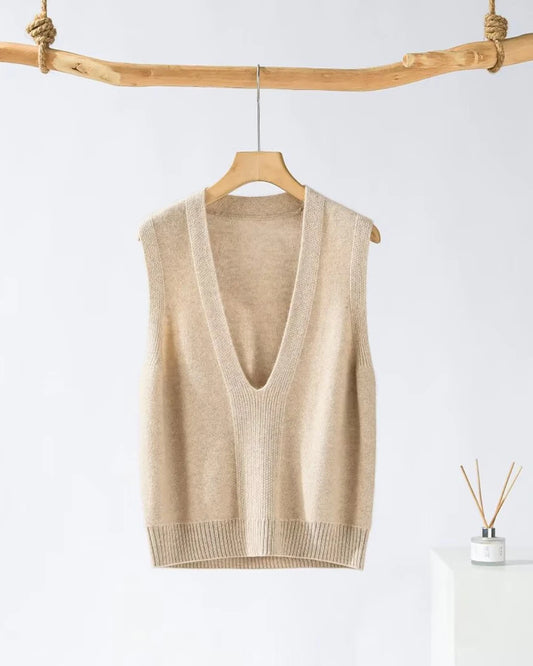 Deep V Neck Cashmere Vest Camel