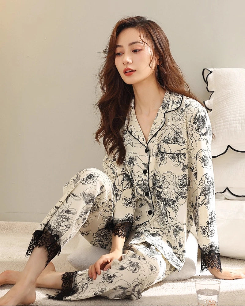 Floral Lace Trim Long Sleeve Silk Pajama Set