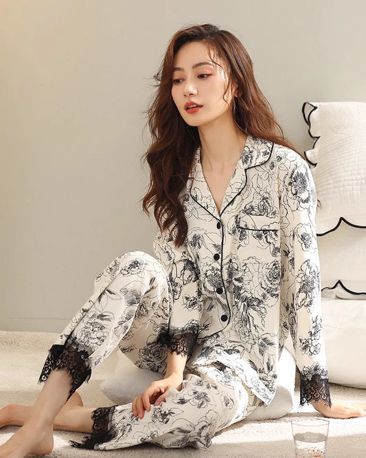 Floral Lace Trim Long Sleeve Silk Pajama Set