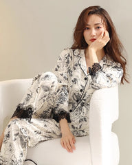 Floral Lace Trim Long Sleeve Silk Pajama Set