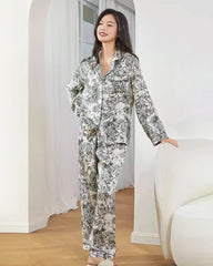 Floral Print Long Sleeve Silk Pajama Set