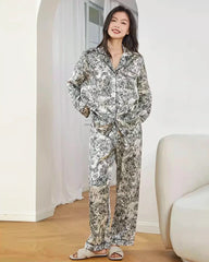 Floral Print Long Sleeve Silk Pajama Set