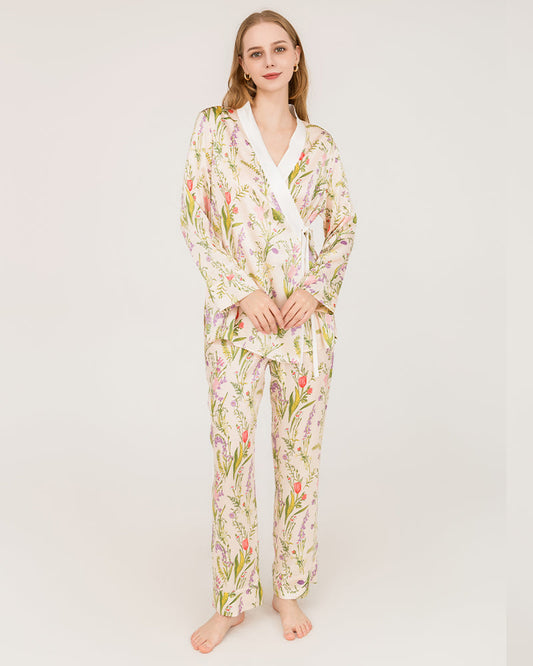 Floral Print Luxurious Pure Silk Pajamas Set