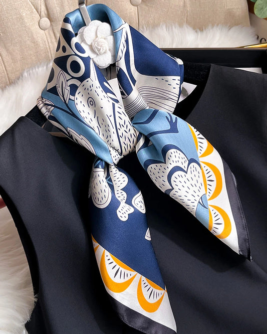 Floral and Bird Geometric Silk Scarf