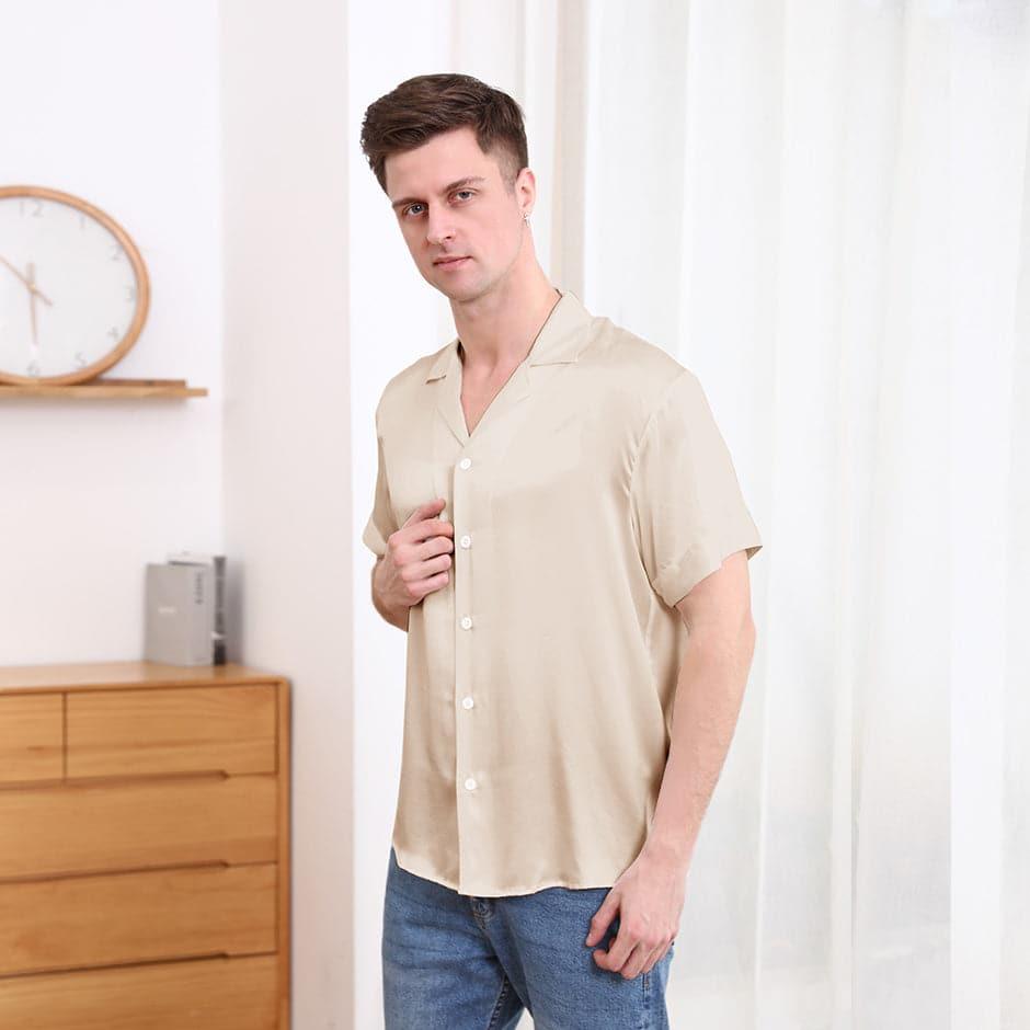 Gentle Lapel Collar Silk Short Shirt Blouse For Men Champagne