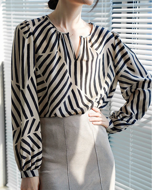 Geometric Stripe Silk Blouse