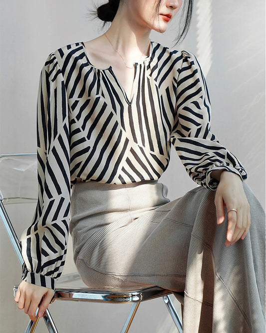 Geometric Stripe Silk Blouse