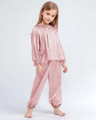 Girls Long Sleeve Ruffle Trim Silk Pajama Set