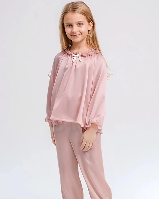 Girls Long Sleeve Ruffle Trim Silk Pajama Set
