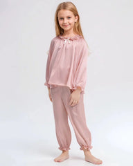 Girls Long Sleeve Ruffle Trim Silk Pajama Set