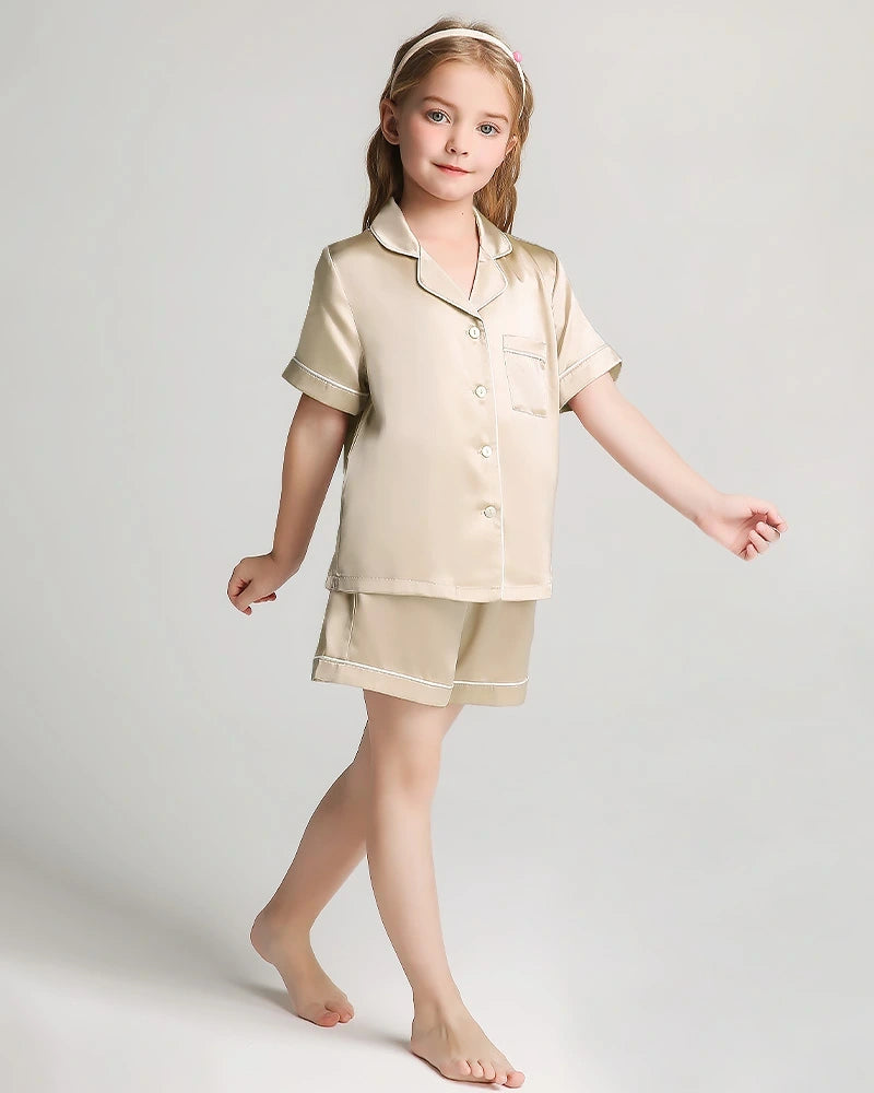 Girls Short Sleeve Silk Pajamas Set with Shorts