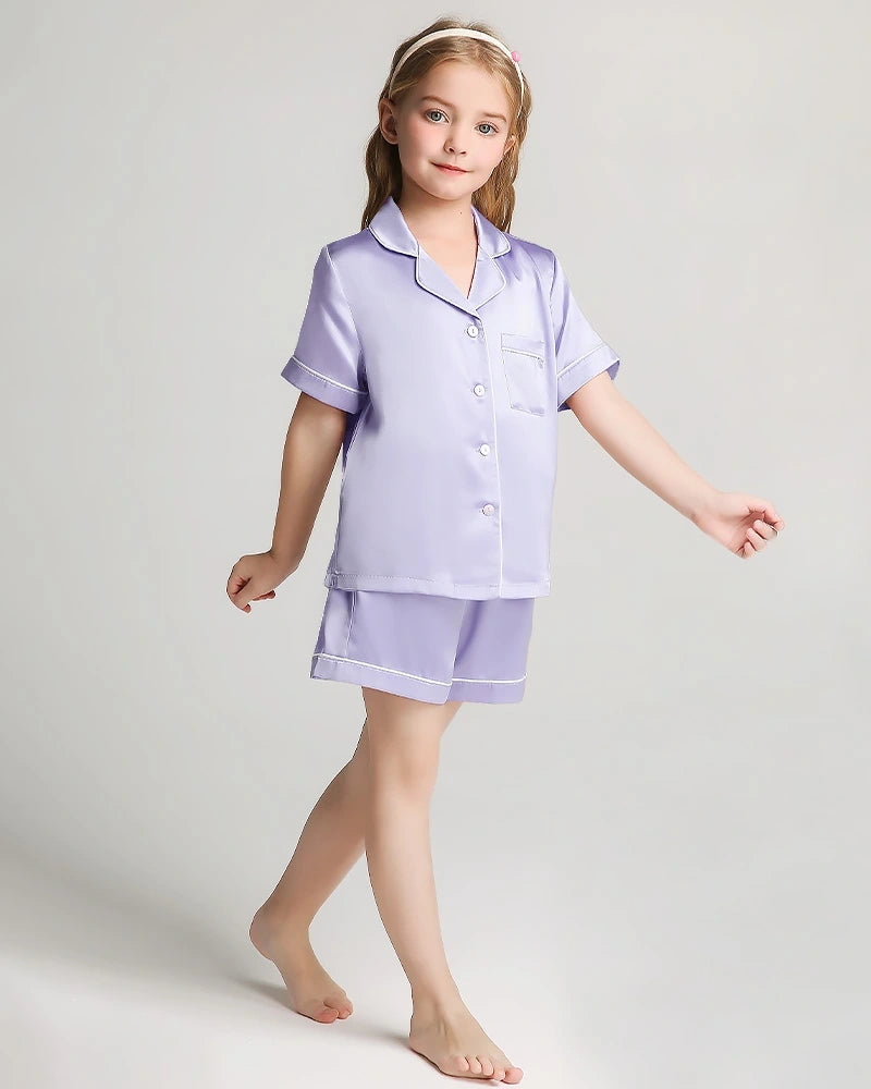 Girls Short Sleeve Silk Pajamas Set with Shorts