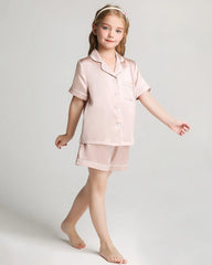 Girls Short Sleeve Silk Pajamas Set with Shorts